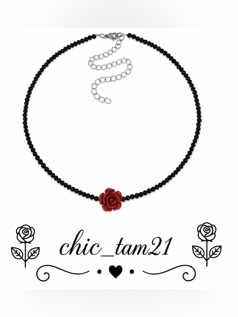 Black Beaded Necklace with Red Rose Pendant